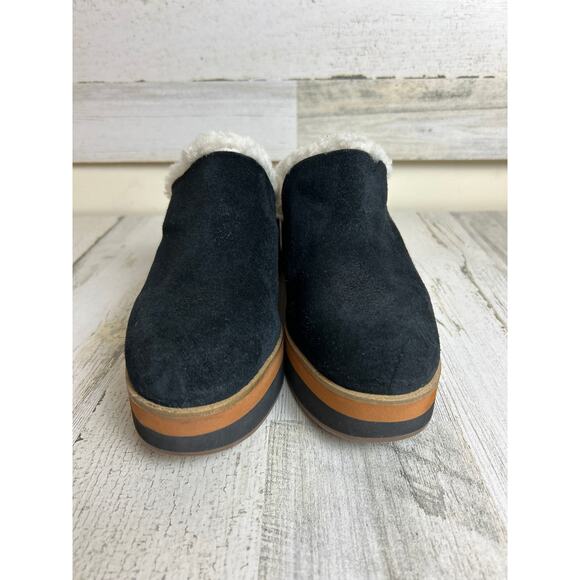 Bernardo Women’s 8.5 Sky Black Suede Shearling Platform Clogs Wooden Heel shoe - Picture 4 of 8